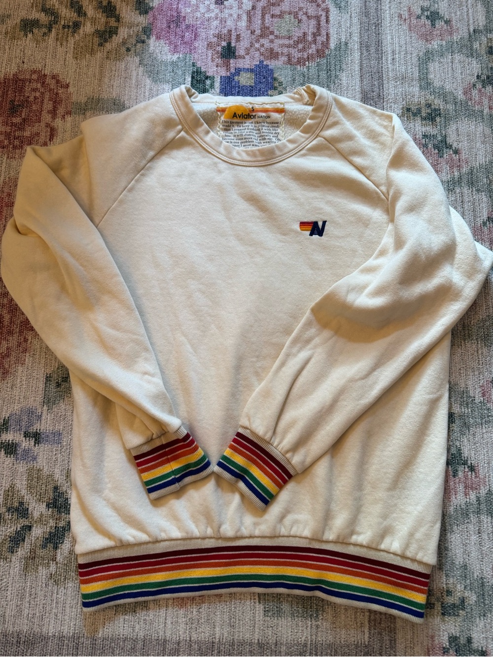 Unisex Aviator Nation Cream Crewneck with Rainbow Stripe Trim